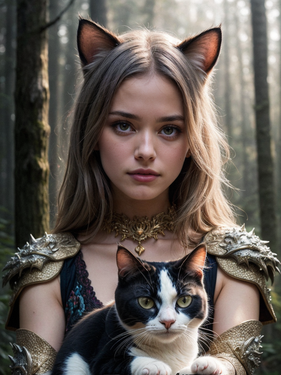 26072171-1709831004-girl holding cat, cat ears, chibi, blue, gold, white, purpple, dragon scaly armor, forest background, fantasy style, (dark shot_.png